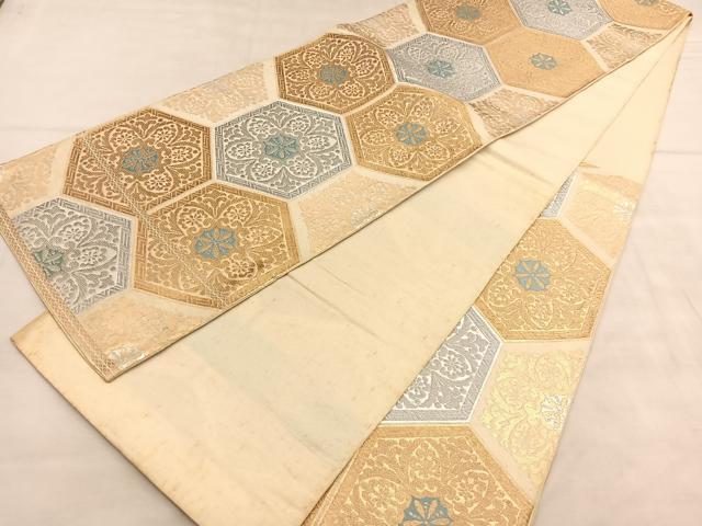 平和屋着物◎西陣　服部織物謹製　六通柄　本袋帯　亀甲花文　白鳥錦　金銀糸　正絹　逸品　BAAU7832hv