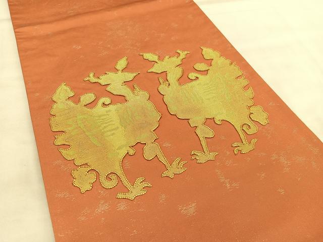 平和屋着物◎太鼓柄袋帯 駒刺繍 向かい鳳凰 金糸 正絹 逸品 BAAU7842hv