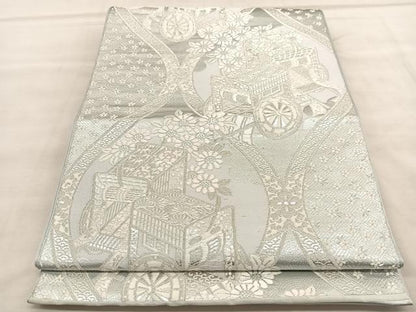 平和屋着物◎六通柄　本袋帯　立涌御所車花文　銀糸　正絹　逸品　BAAU7861hv