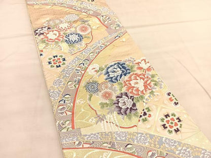 平和屋着物◎六通柄袋帯　唐織　青海牡丹小波文　金糸　正絹　逸品　BAAU7871hv
