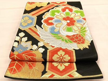 平和屋着物◎六通柄袋帯　唐織　菱天井飛鶴花文　黒地　金銀糸　正絹　逸品　BAAU7872hv