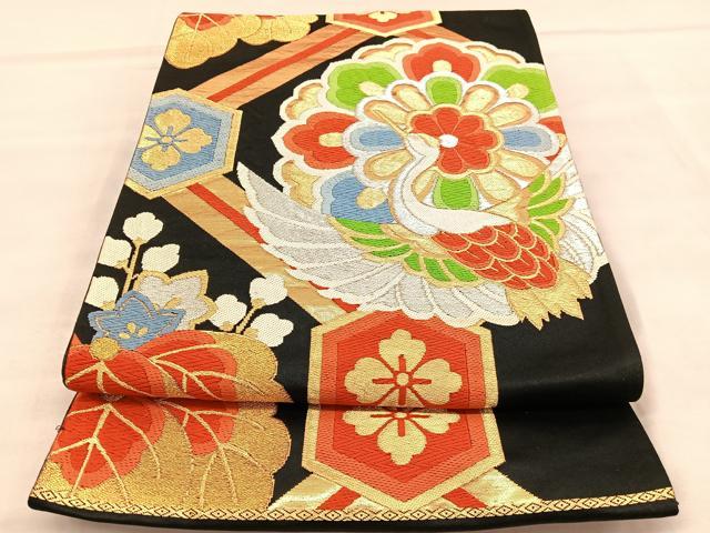 平和屋着物◎六通柄袋帯　唐織　菱天井飛鶴花文　黒地　金銀糸　正絹　逸品　BAAU7872hv