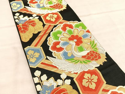 平和屋着物◎六通柄袋帯　唐織　菱天井飛鶴花文　黒地　金銀糸　正絹　逸品　BAAU7872hv