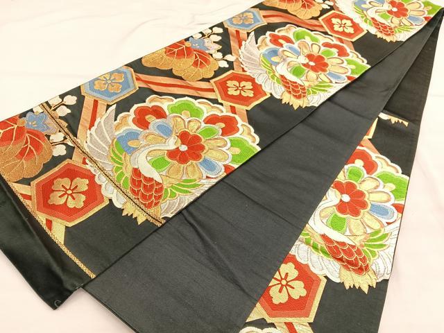 平和屋着物◎六通柄袋帯　唐織　菱天井飛鶴花文　黒地　金銀糸　正絹　逸品　BAAU7872hv