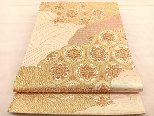 平和屋着物◎六通柄袋帯　雲取り菱天井花文　金糸　正絹　逸品　BAAU7882hv