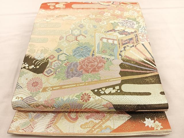 平和屋着物◎九百佐賀錦　六通柄袋帯　御所車扇面花文　金銀糸　正絹　逸品　BAAU7908hv