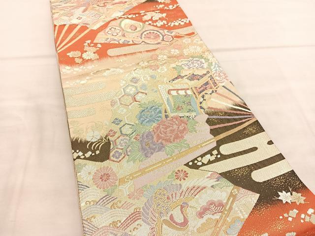 平和屋着物◎九百佐賀錦　六通柄袋帯　御所車扇面花文　金銀糸　正絹　逸品　BAAU7908hv