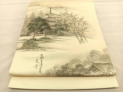 平和屋着物◎太鼓柄袋帯　作家物　手描き　京都百景　東寺　金彩　正絹　逸品　BAAU7926hv