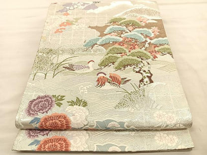 平和屋着物◎六通柄袋帯　唐織　鴛鴦浜松文　銀糸　正絹　逸品　BAAU7941hv