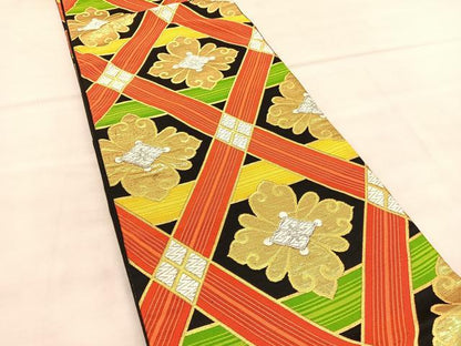 平和屋着物◎六通柄袋帯　唐織　花菱文　黒地　金銀糸　正絹　逸品　BAAU7952hv