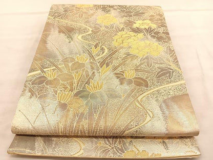 平和屋着物◎六通柄袋帯　流水花文　金銀糸　正絹　逸品　BAAU7954hv