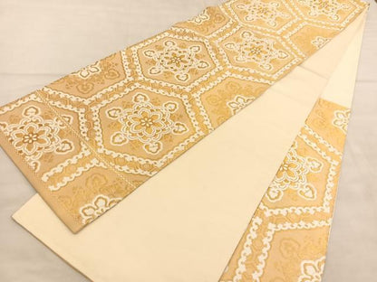 平和屋着物◎六通柄袋帯　唐織　亀甲花文　金糸　正絹　逸品　BAAU7956hv