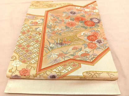 平和屋着物◎太鼓柄袋帯　総駒刺繍　流水花文　金糸　引箔　正絹　逸品　BAAU7957hv