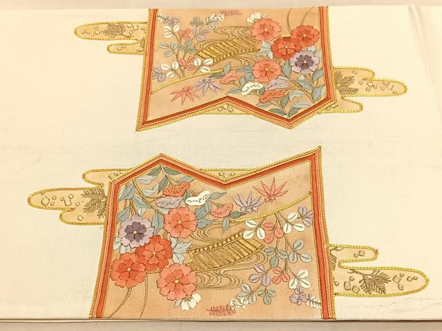 平和屋着物◎太鼓柄袋帯　総駒刺繍　流水花文　金糸　引箔　正絹　逸品　BAAU7957hv