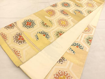 平和屋着物◎六通柄袋帯　唐織　エ霞亀甲花文　金糸　正絹　逸品　BAAU7959hv