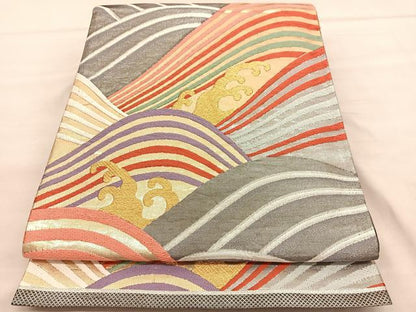 平和屋着物◎六通柄袋帯　唐織　立波文　金銀糸　正絹　逸品　BAAU7960hv