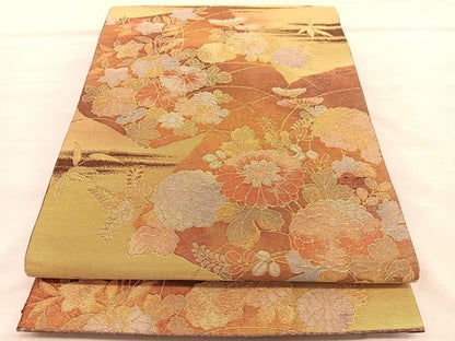 平和屋着物◎六通柄袋帯　秋草文　金糸　正絹　逸品　BAAU7967hv
