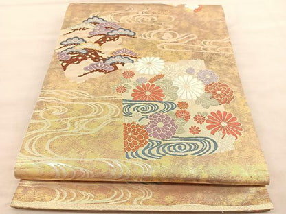 平和屋着物◎西陣　六通柄袋帯　唐織　流水色紙花文　金糸　正絹　逸品　BAAU7971hv