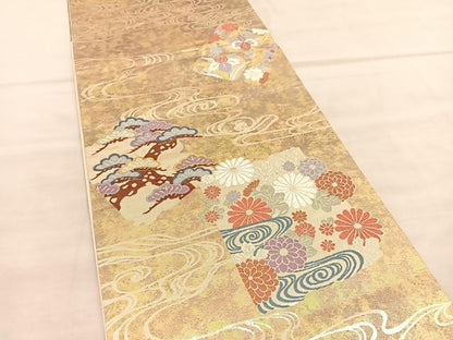 平和屋着物◎西陣　六通柄袋帯　唐織　流水色紙花文　金糸　正絹　逸品　BAAU7971hv