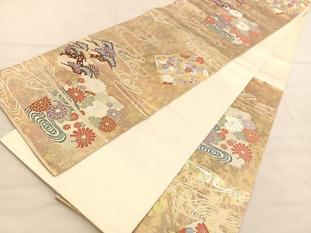 平和屋着物◎西陣　六通柄袋帯　唐織　流水色紙花文　金糸　正絹　逸品　BAAU7971hv