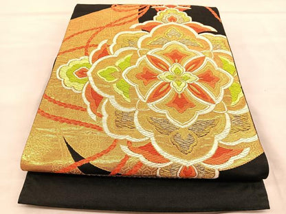 平和屋着物◎六通柄袋帯 唐織 几帳花菱文 黒地 金糸 正絹 逸品 BAAU7973hv