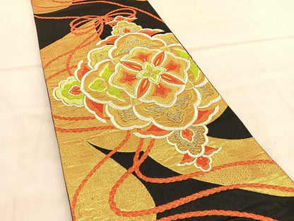 平和屋着物◎六通柄袋帯 唐織 几帳花菱文 黒地 金糸 正絹 逸品 BAAU7973hv