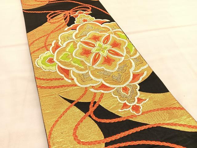 平和屋着物◎六通柄袋帯 唐織 几帳花菱文 黒地 金糸 正絹 逸品 BAAU7973hv