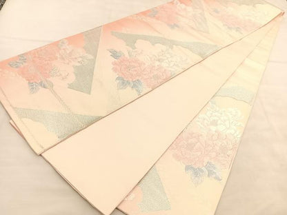 平和屋着物◎六通柄袋帯　唐織　雲取り牡丹文　銀糸　正絹　逸品　BAAU7994hv