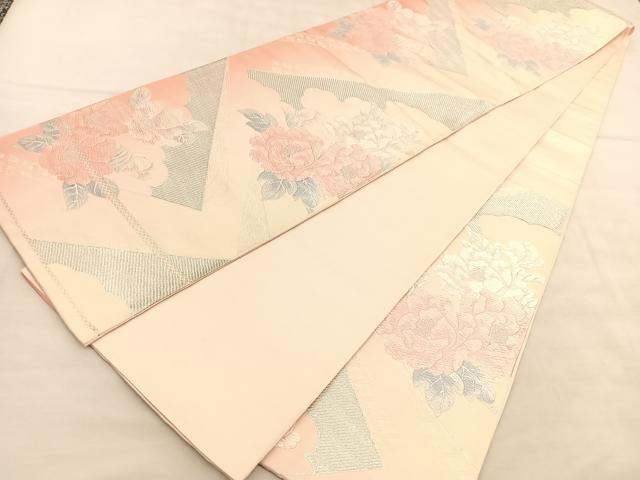 平和屋着物◎六通柄袋帯　唐織　雲取り牡丹文　銀糸　正絹　逸品　BAAU7994hv