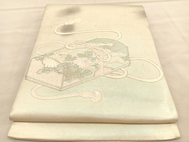 平和屋着物◎太鼓柄袋帯　総駒刺繍　文箱花文　銀糸　正絹　逸品　BAAU8002hv