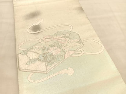 平和屋着物◎太鼓柄袋帯　総駒刺繍　文箱花文　銀糸　正絹　逸品　BAAU8002hv