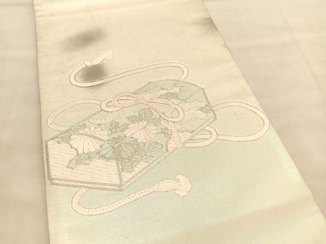 平和屋着物◎太鼓柄袋帯　総駒刺繍　文箱花文　銀糸　正絹　逸品　BAAU8002hv