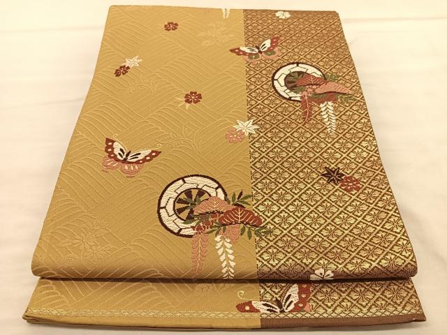 平和屋着物◎六通柄袋帯　唐織　源氏車花蝶松文　金糸　正絹　逸品　BAAU8060hv