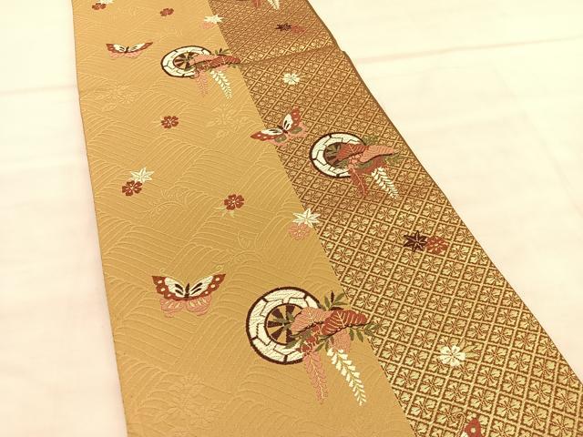 平和屋着物◎六通柄袋帯　唐織　源氏車花蝶松文　金糸　正絹　逸品　BAAU8060hv