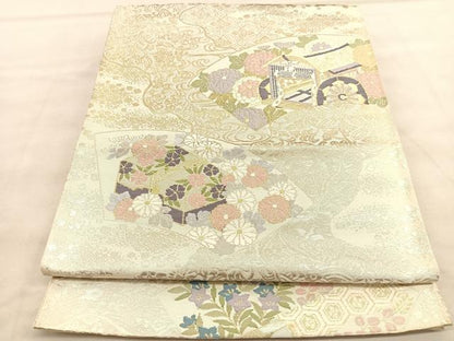 平和屋着物◎六通柄袋帯 唐織 地紙文箱御所車花文 金銀糸 正絹 逸品 BAAU8063hv