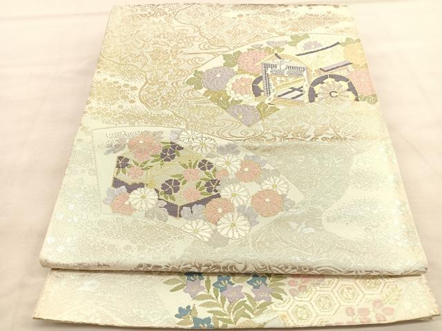 平和屋着物◎六通柄袋帯 唐織 地紙文箱御所車花文 金銀糸 正絹 逸品 BAAU8063hv