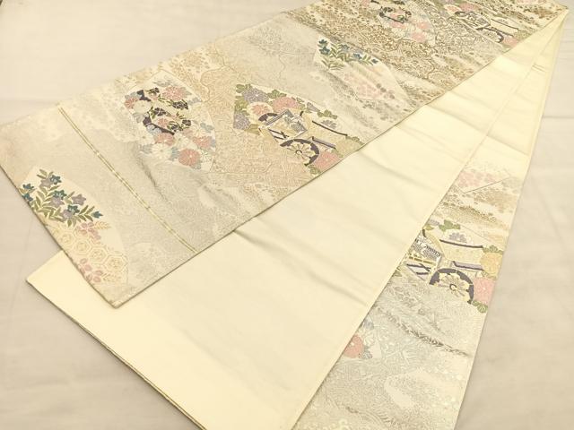 平和屋着物◎六通柄袋帯 唐織 地紙文箱御所車花文 金銀糸 正絹 逸品 BAAU8063hv