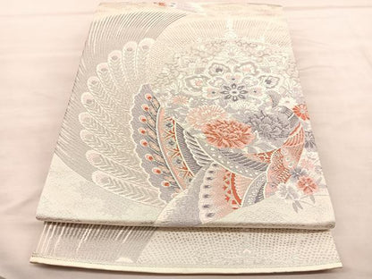 平和屋着物◎六通柄袋帯　唐織　孔雀花文　プラチナ参重織　正絹　逸品　BAAU8068hv