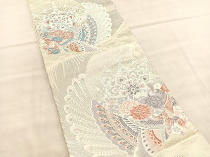 平和屋着物◎六通柄袋帯　唐織　孔雀花文　プラチナ参重織　正絹　逸品　BAAU8068hv