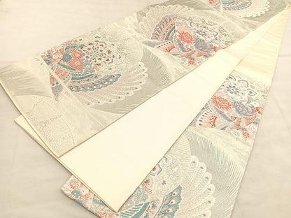 平和屋着物◎六通柄袋帯　唐織　孔雀花文　プラチナ参重織　正絹　逸品　BAAU8068hv