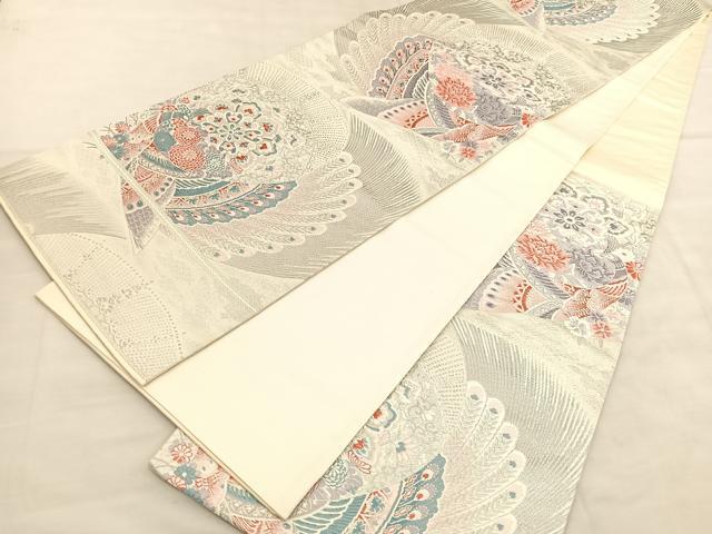 平和屋着物◎六通柄袋帯　唐織　孔雀花文　プラチナ参重織　正絹　逸品　BAAU8068hv