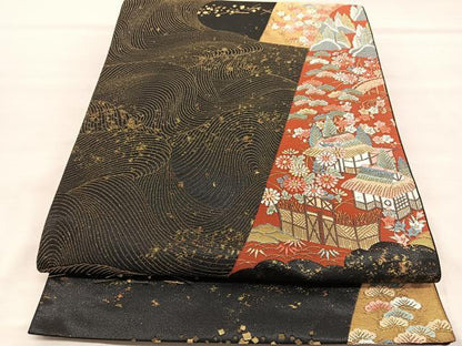 平和屋着物◎六通柄袋帯　唐織　離宮春秋山取小袖　黒地　金糸　正絹　逸品　BAAU8092hv