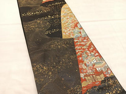 平和屋着物◎六通柄袋帯　唐織　離宮春秋山取小袖　黒地　金糸　正絹　逸品　BAAU8092hv