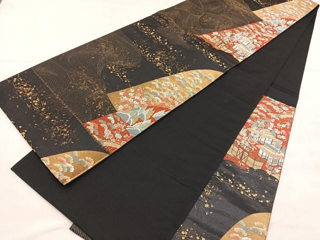 平和屋着物◎六通柄袋帯　唐織　離宮春秋山取小袖　黒地　金糸　正絹　逸品　BAAU8092hv