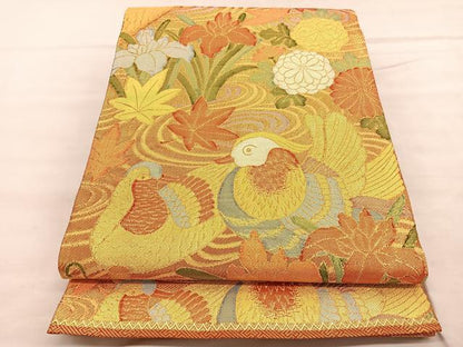 平和屋着物◎佐賀錦 六通柄袋帯 竜田川鴛鴦花文 金糸 正絹 逸品 BAAU8104hv