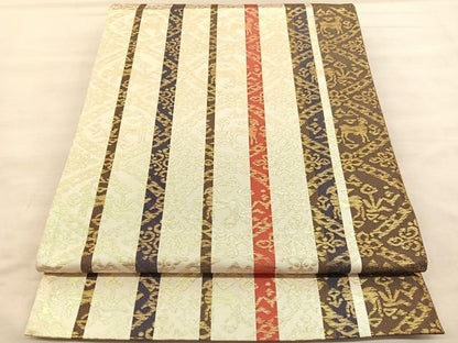 平和屋着物◎六通柄袋帯　動物菱文　金糸　正絹　逸品　BAAU8115hv