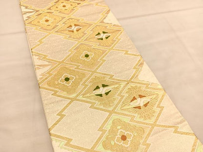 平和屋着物◎六通柄袋帯 唐織 松皮菱双鶴花文 金糸 正絹 逸品 BAAU8140hv