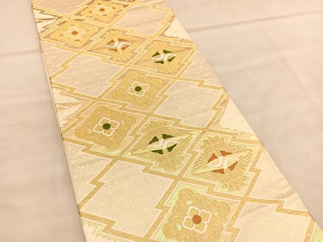 平和屋着物◎六通柄袋帯 唐織 松皮菱双鶴花文 金糸 正絹 逸品 BAAU8140hv
