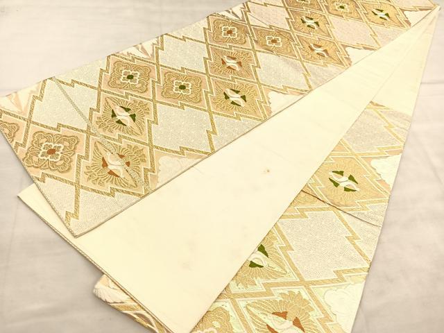 平和屋着物◎六通柄袋帯 唐織 松皮菱双鶴花文 金糸 正絹 逸品 BAAU8140hv