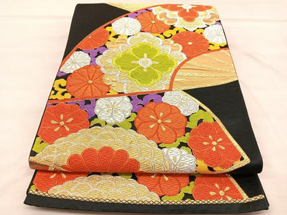 平和屋着物◎六通柄袋帯　唐織　扇面花文　黒地　金銀糸　正絹　逸品　BAAU8142hv